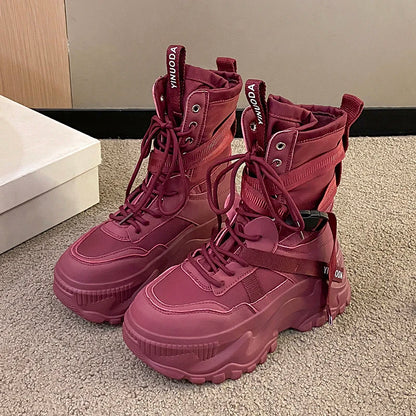 Botines de mujer, zapatos gruesos de cuero de otoño, zapatillas transpirables de plataforma alta para mujer, cuñas de suela gruesa de 8CM, botas de motocicleta