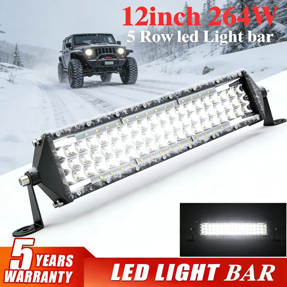 Barra de Luz LED de 5 Filas, 12 Pulgadas, 264W, Luz de Trabajo para Auto, Foco, Lámpara de Conducción para Todoterreno, Camioneta, SUV, ATV, Tractor, 4X4