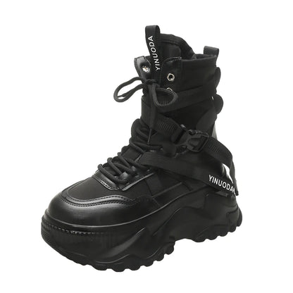 Botines de mujer, zapatos gruesos de cuero de otoño, zapatillas transpirables de plataforma alta para mujer, cuñas de suela gruesa de 8CM, botas de motocicleta