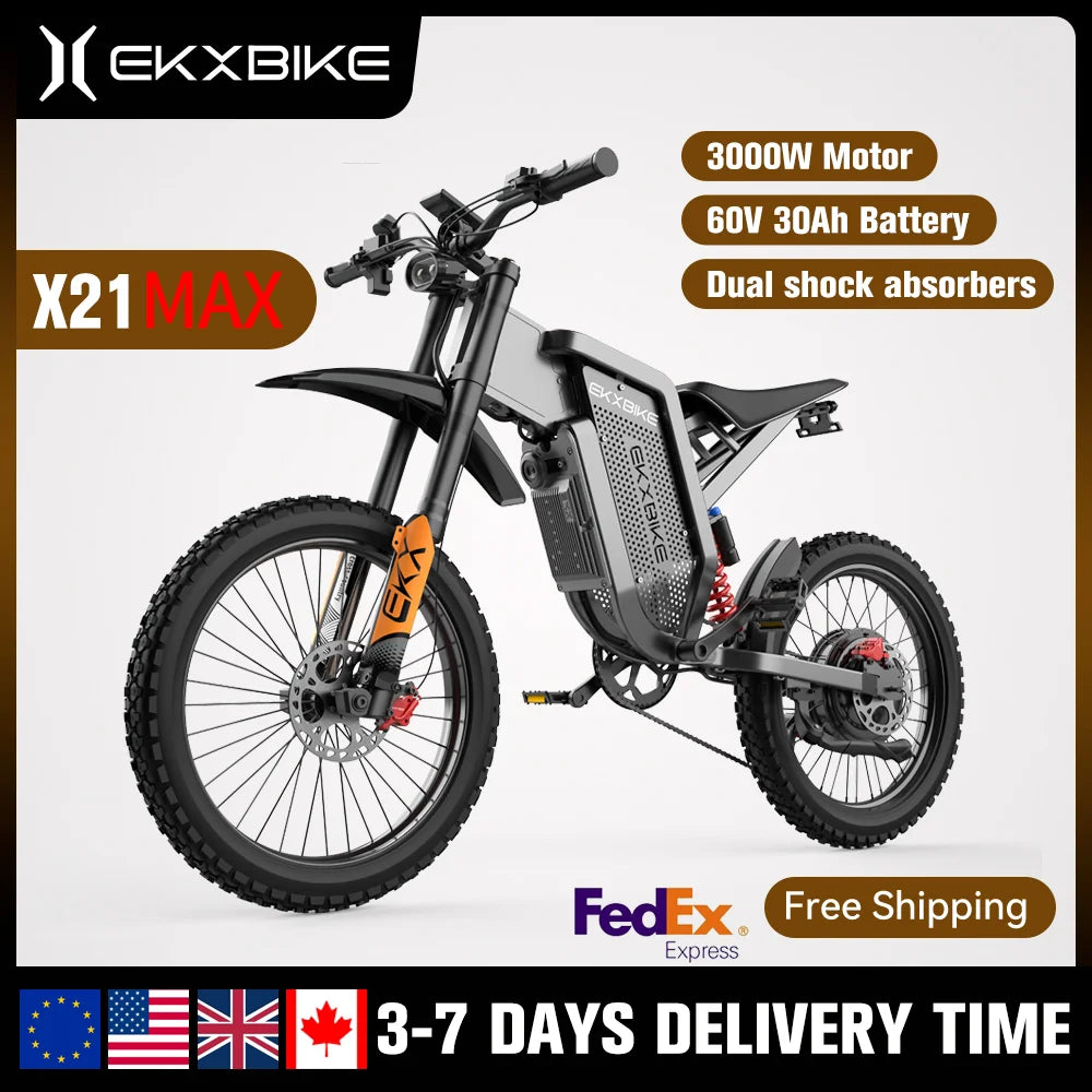 EKX X21 Max motocicletas eléctricas 3000W motores sin escobillas sin engranajes 60V30AH velocidad de la batería de litio 85Kmh bicicleta eléctrica todoterreno para adultos