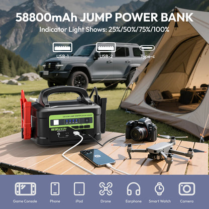 YESPER Arrancador de batería para automóvil Pico 6000A, caja de puente portátil para camiones de alta resistencia de 12 V/24 V, central eléctrica con batería de 58800 mAh
