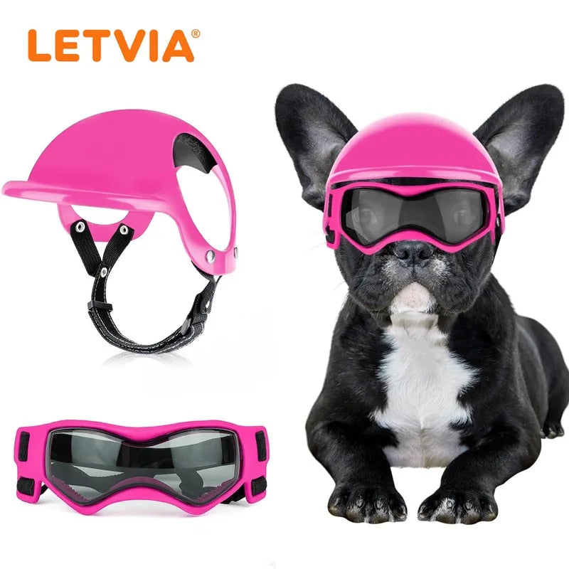 LETVIA-casco para perros S/M con gafas para perros, gafas de sol Anti-UV para perros, casco de motocicleta para mascotas, sombrero con orificios para las orejas, conducción al aire libre y caminar