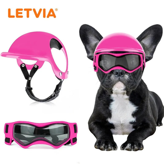 LETVIA-casco para perros S/M con gafas para perros, gafas de sol Anti-UV para perros, casco de motocicleta para mascotas, sombrero con orificios para las orejas, conducción al aire libre y caminar