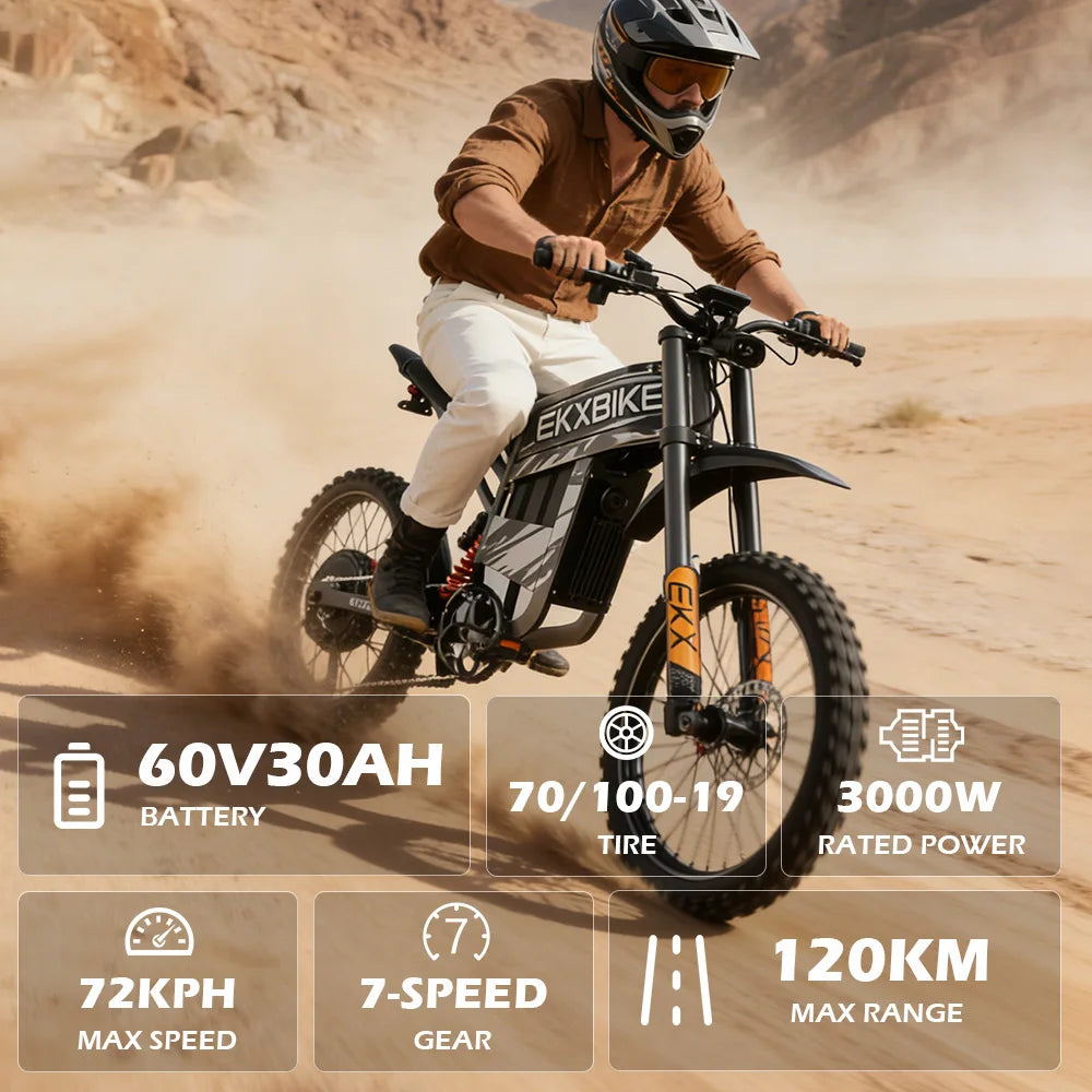 Bicicleta Eléctrica EKXBIKE TX1, Motores sin Escobillas de 6000W, Batería de Litio de 60V30AH, Velocidad de 80 km/h, Bicicleta Eléctrica Todoterreno para Adultos