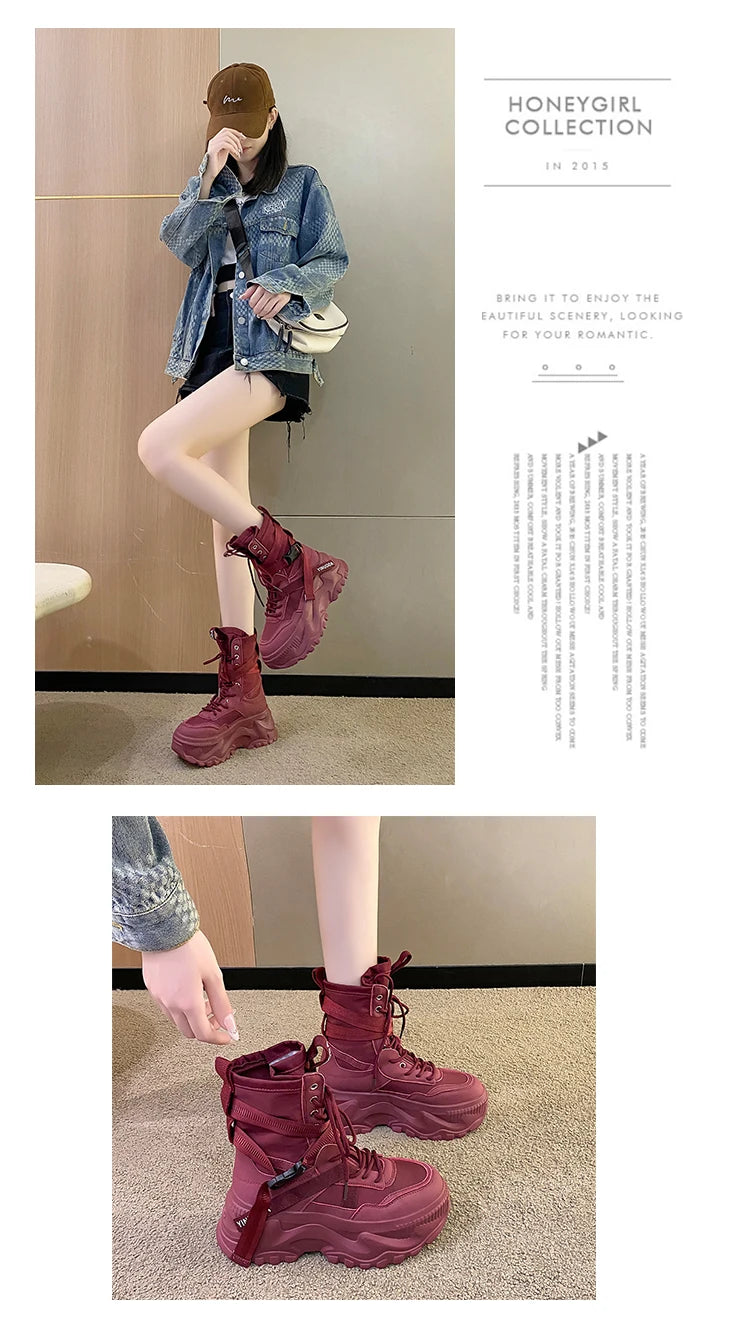 Botines de mujer, zapatos gruesos de cuero de otoño, zapatillas transpirables de plataforma alta para mujer, cuñas de suela gruesa de 8CM, botas de motocicleta