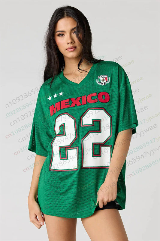 Camiseta de fútbol de malla de México 2026, estilo urbano holgado, manga corta, top Y2K, ropa deportiva de verano para adultos, camiseta de playa