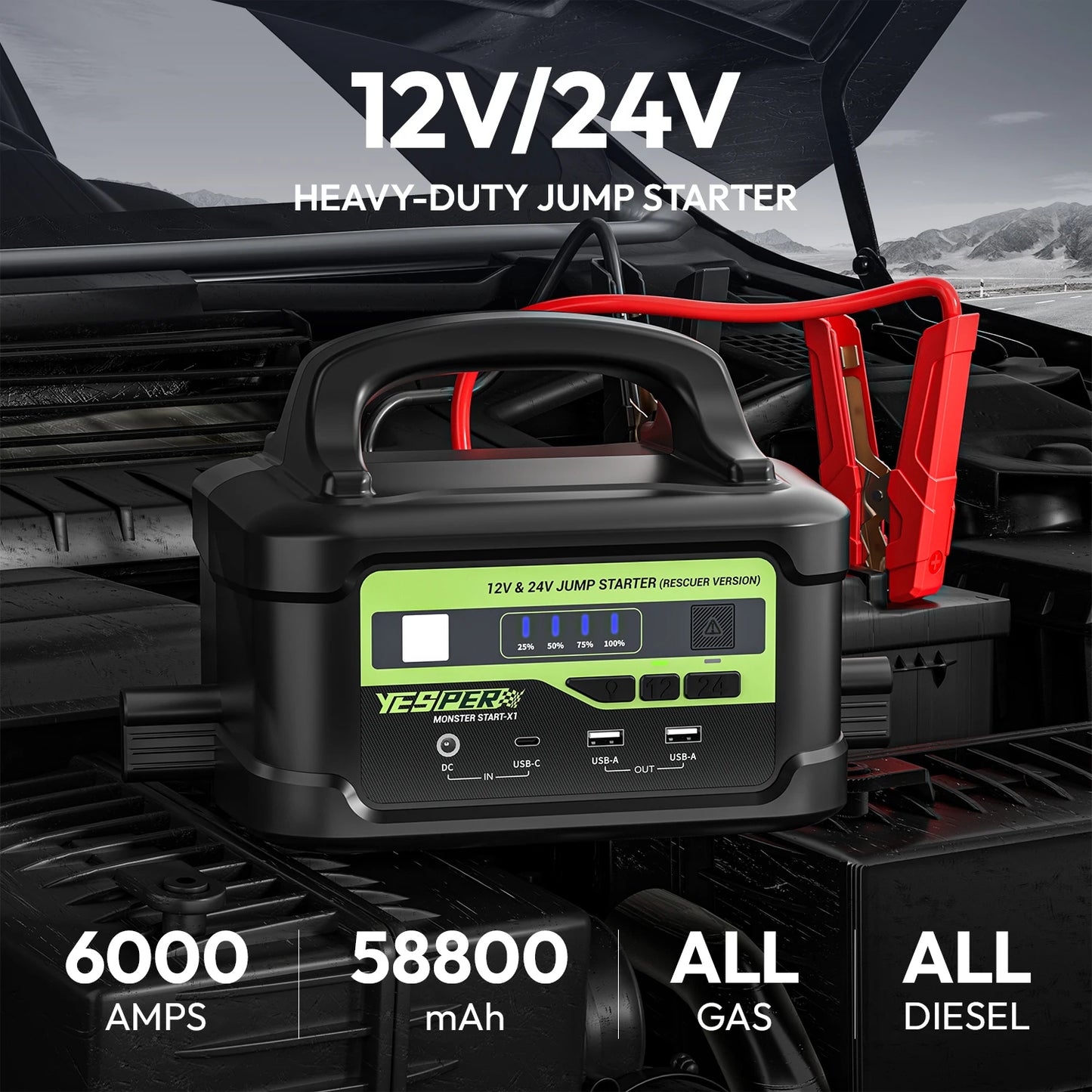 YESPER Arrancador de batería para automóvil Pico 6000A, caja de puente portátil para camiones de alta resistencia de 12 V/24 V, central eléctrica con batería de 58800 mAh