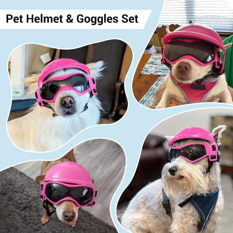 LETVIA-casco para perros S/M con gafas para perros, gafas de sol Anti-UV para perros, casco de motocicleta para mascotas, sombrero con orificios para las orejas, conducción al aire libre y caminar