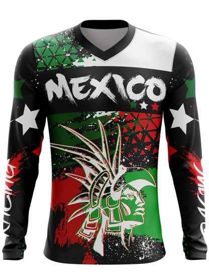 CAMISETA DE CICLISMO PARA HOMBRE CON TEMA MEXICANO, DE MANGAS LARGAS, TRANSPIRABLE, CON CUELLO EN V, APTA PARA MOTOCROSS Y BICICLETA DE MONTAÑA.