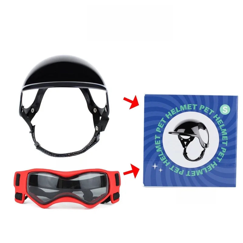 LETVIA-casco para perros S/M con gafas para perros, gafas de sol Anti-UV para perros, casco de motocicleta para mascotas, sombrero con orificios para las orejas, conducción al aire libre y caminar