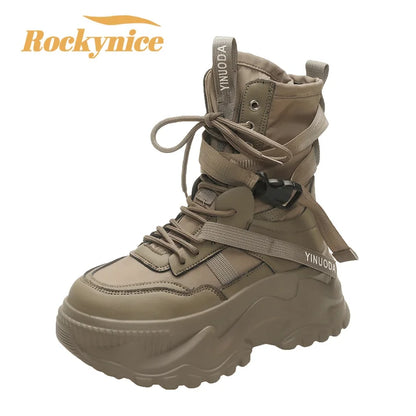 Botines de mujer, zapatos gruesos de cuero de otoño, zapatillas transpirables de plataforma alta para mujer, cuñas de suela gruesa de 8CM, botas de motocicleta