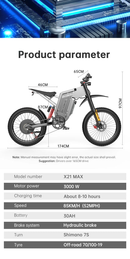 EKX X21 Max motocicletas eléctricas 3000W motores sin escobillas sin engranajes 60V30AH velocidad de la batería de litio 85Kmh bicicleta eléctrica todoterreno para adultos