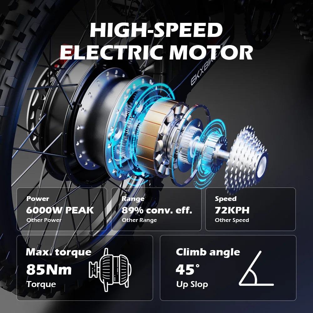 Bicicleta Eléctrica EKXBIKE TX1, Motores sin Escobillas de 6000W, Batería de Litio de 60V30AH, Velocidad de 80 km/h, Bicicleta Eléctrica Todoterreno para Adultos