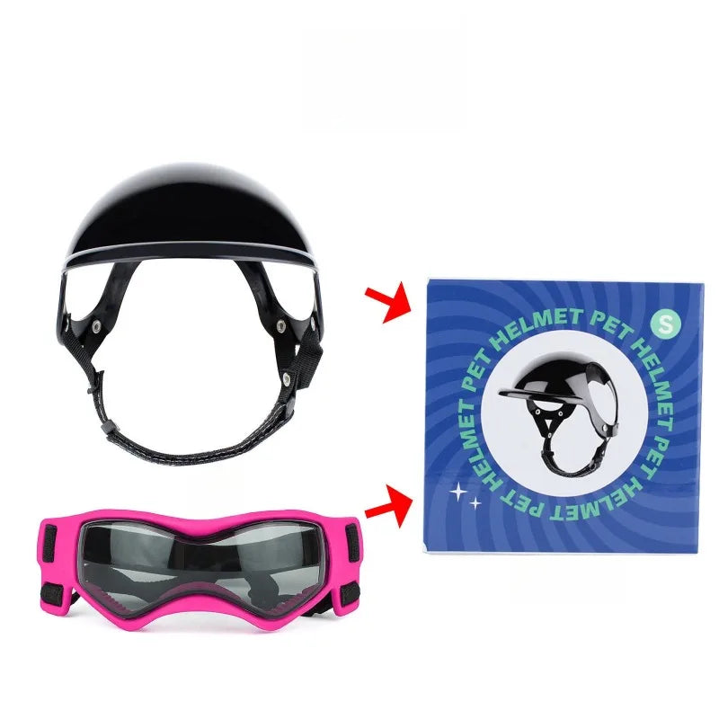 LETVIA-casco para perros S/M con gafas para perros, gafas de sol Anti-UV para perros, casco de motocicleta para mascotas, sombrero con orificios para las orejas, conducción al aire libre y caminar