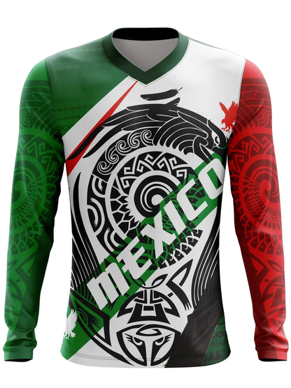 CAMISETA DE CICLISMO PARA HOMBRE CON TEMA MEXICANO, DE MANGAS LARGAS, TRANSPIRABLE, CON CUELLO EN V, APTA PARA MOTOCROSS Y BICICLETA DE MONTAÑA.