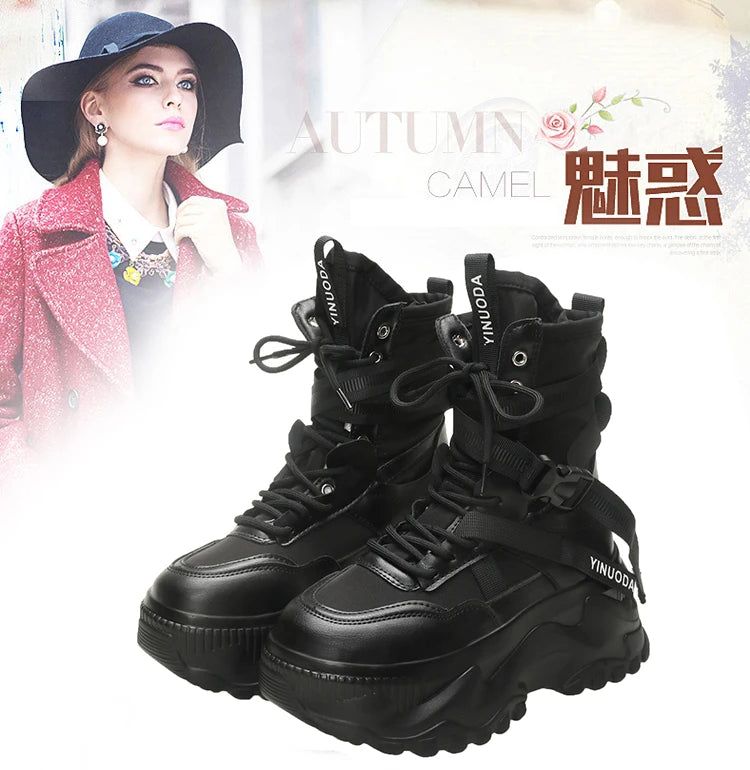 Botines de mujer, zapatos gruesos de cuero de otoño, zapatillas transpirables de plataforma alta para mujer, cuñas de suela gruesa de 8CM, botas de motocicleta