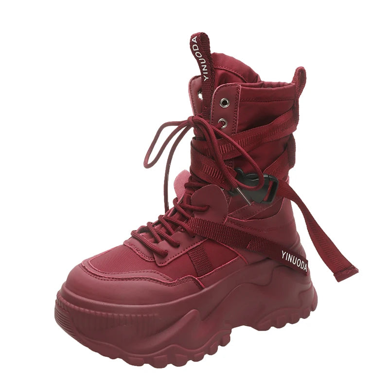 Botines de mujer, zapatos gruesos de cuero de otoño, zapatillas transpirables de plataforma alta para mujer, cuñas de suela gruesa de 8CM, botas de motocicleta