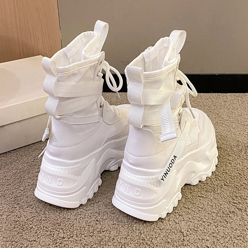 Botines de mujer, zapatos gruesos de cuero de otoño, zapatillas transpirables de plataforma alta para mujer, cuñas de suela gruesa de 8CM, botas de motocicleta