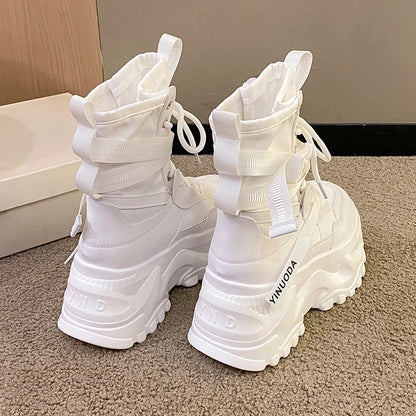 Botines de mujer, zapatos gruesos de cuero de otoño, zapatillas transpirables de plataforma alta para mujer, cuñas de suela gruesa de 8CM, botas de motocicleta