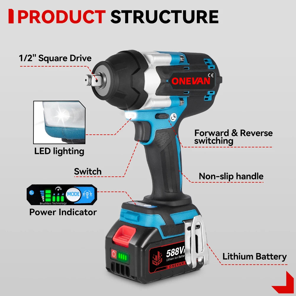ONEVAN-llave de impacto eléctrica sin escobillas, de alto Torque, 1800N.M, taladro de 1/2 ", destornilladores, herramientas eléctricas para Pin de batería Makita