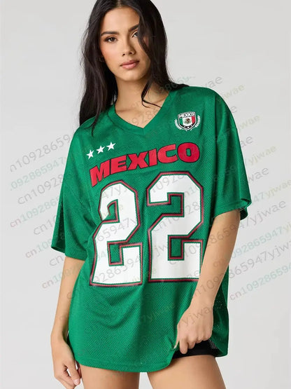 Camiseta de fútbol de malla de México 2026, estilo urbano holgado, manga corta, top Y2K, ropa deportiva de verano para adultos, camiseta de playa
