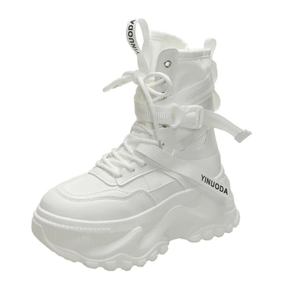 Botines de mujer, zapatos gruesos de cuero de otoño, zapatillas transpirables de plataforma alta para mujer, cuñas de suela gruesa de 8CM, botas de motocicleta