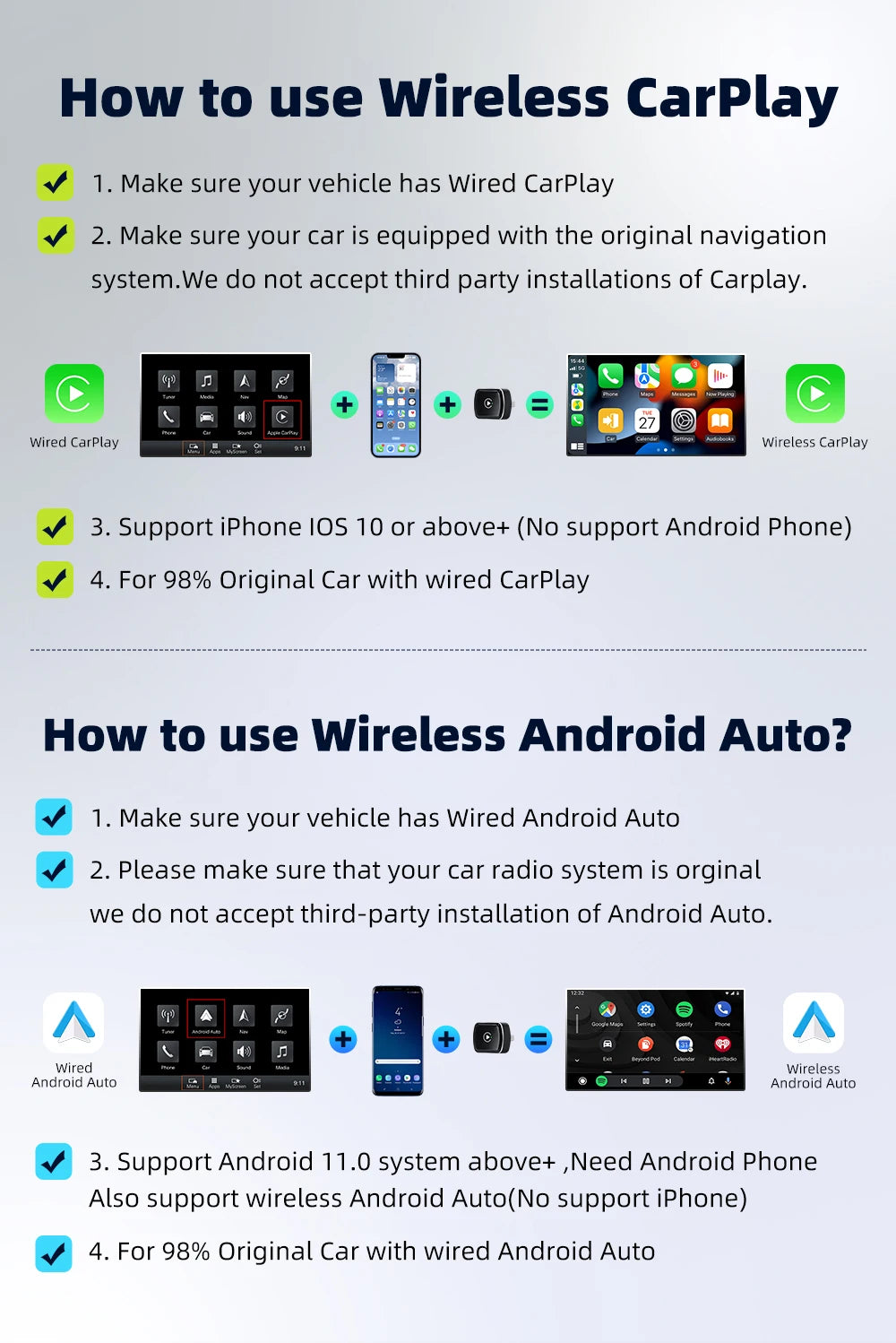 EKIY 2 en 1 con cable a Dongle CarPlay inalámbrico adaptador Android para coche sistemas inteligentes AI caja inteligente para coche con CarPlay con cable