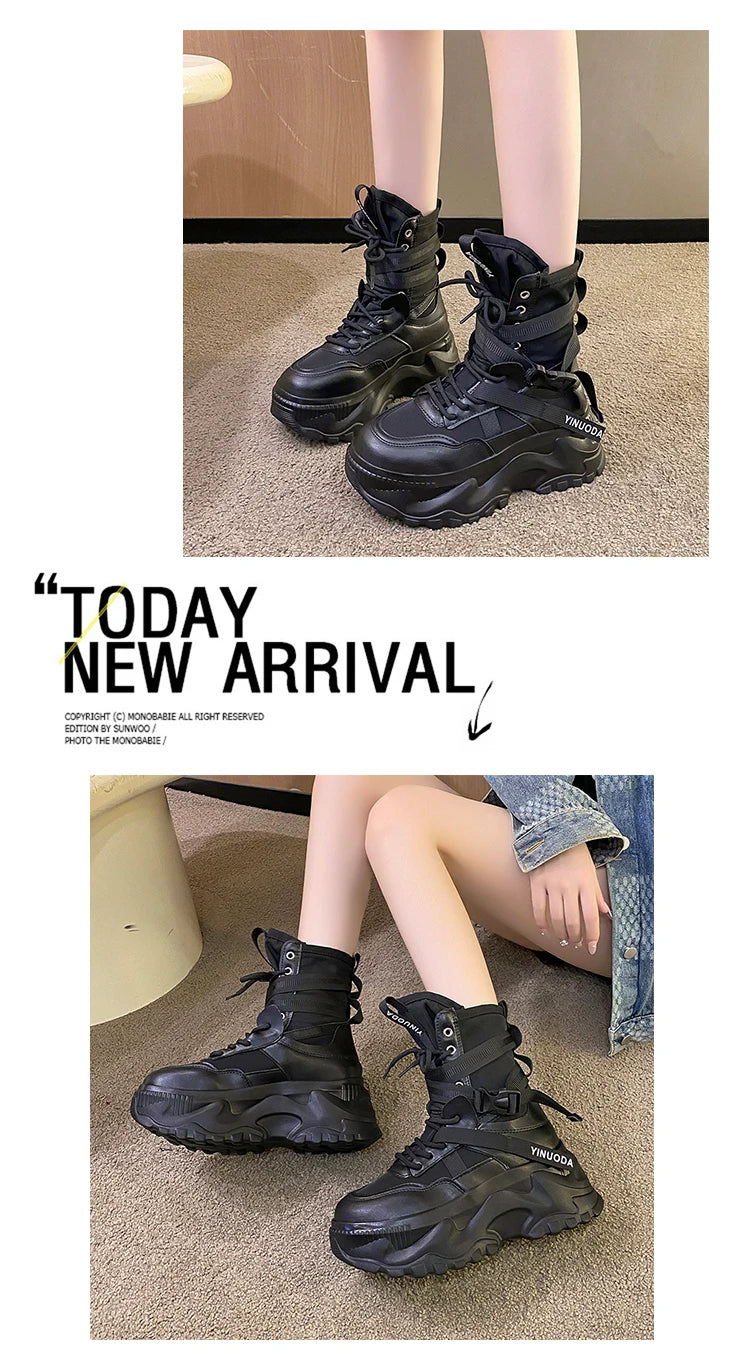 Botines de mujer, zapatos gruesos de cuero de otoño, zapatillas transpirables de plataforma alta para mujer, cuñas de suela gruesa de 8CM, botas de motocicleta