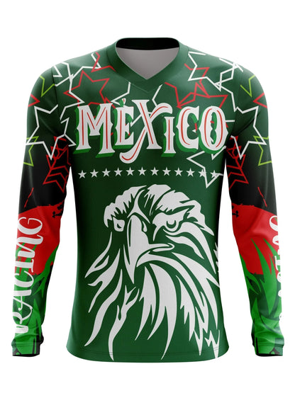 CAMISETA DE CICLISMO PARA HOMBRE CON TEMA MEXICANO, DE MANGAS LARGAS, TRANSPIRABLE, CON CUELLO EN V, APTA PARA MOTOCROSS Y BICICLETA DE MONTAÑA.