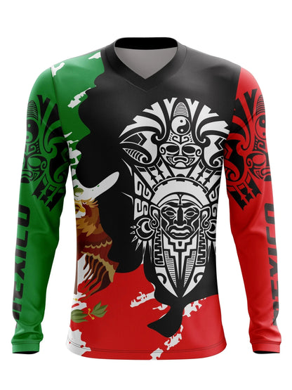 CAMISETA DE CICLISMO PARA HOMBRE CON TEMA MEXICANO, DE MANGAS LARGAS, TRANSPIRABLE, CON CUELLO EN V, APTA PARA MOTOCROSS Y BICICLETA DE MONTAÑA.