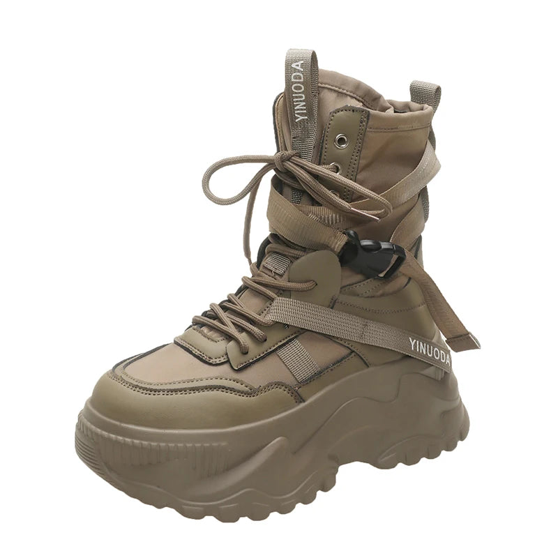 Botines de mujer, zapatos gruesos de cuero de otoño, zapatillas transpirables de plataforma alta para mujer, cuñas de suela gruesa de 8CM, botas de motocicleta