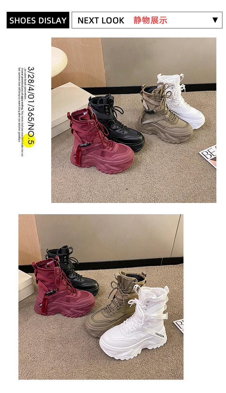 Botines de mujer, zapatos gruesos de cuero de otoño, zapatillas transpirables de plataforma alta para mujer, cuñas de suela gruesa de 8CM, botas de motocicleta