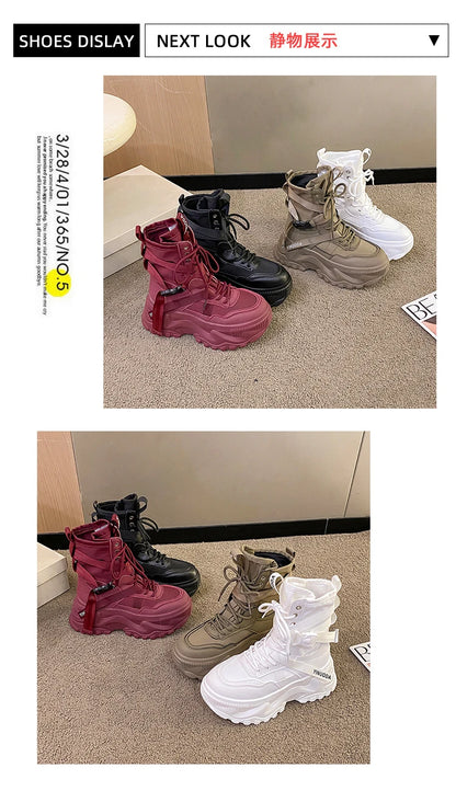 Botines de mujer, zapatos gruesos de cuero de otoño, zapatillas transpirables de plataforma alta para mujer, cuñas de suela gruesa de 8CM, botas de motocicleta