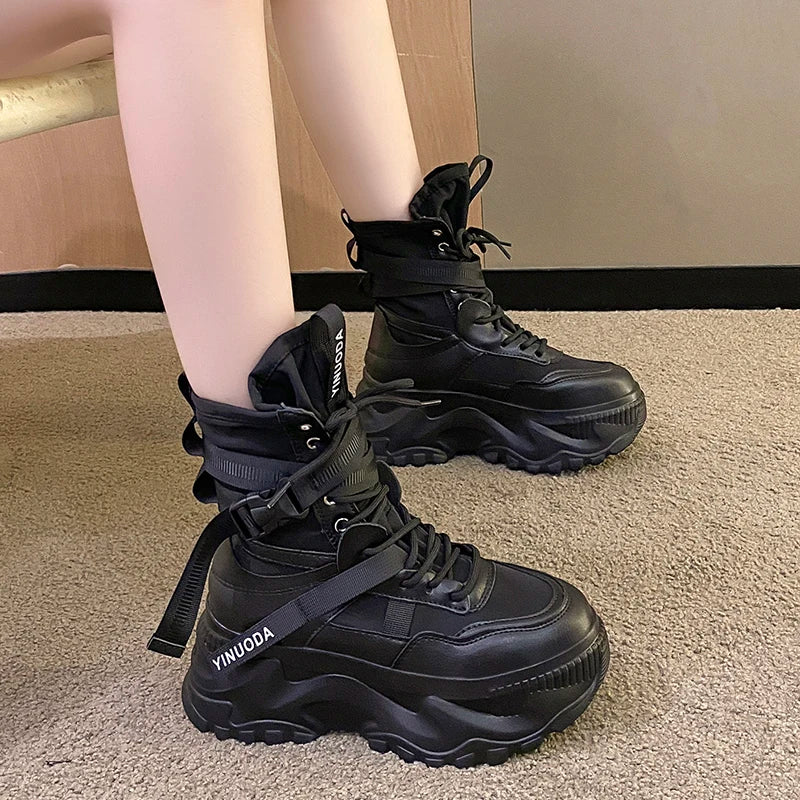 Botines de mujer, zapatos gruesos de cuero de otoño, zapatillas transpirables de plataforma alta para mujer, cuñas de suela gruesa de 8CM, botas de motocicleta