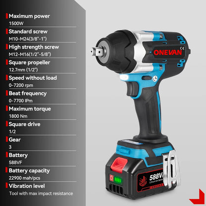 ONEVAN-llave de impacto eléctrica sin escobillas, de alto Torque, 1800N.M, taladro de 1/2 ", destornilladores, herramientas eléctricas para Pin de batería Makita