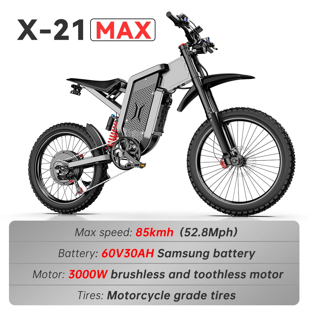 EKX X21 Max motocicletas eléctricas 3000W motores sin escobillas sin engranajes 60V30AH velocidad de la batería de litio 85Kmh bicicleta eléctrica todoterreno para adultos