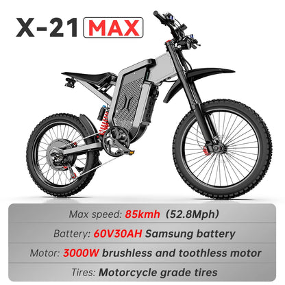 EKX X21 Max motocicletas eléctricas 3000W motores sin escobillas sin engranajes 60V30AH velocidad de la batería de litio 85Kmh bicicleta eléctrica todoterreno para adultos