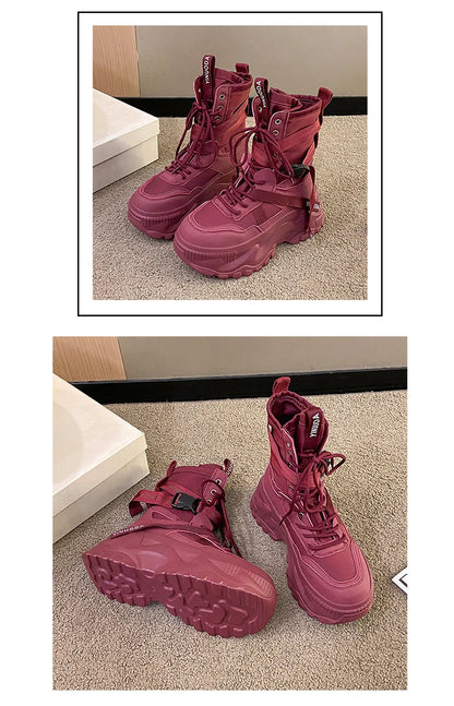 Botines de mujer, zapatos gruesos de cuero de otoño, zapatillas transpirables de plataforma alta para mujer, cuñas de suela gruesa de 8CM, botas de motocicleta