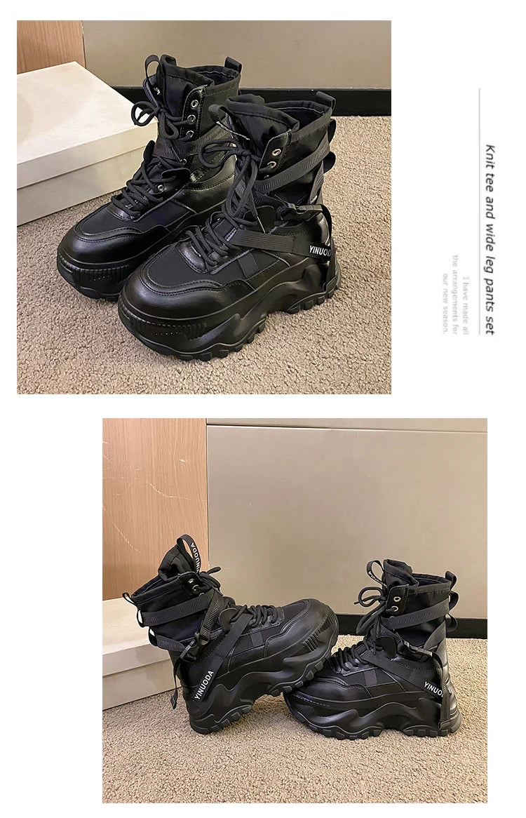 Botines de mujer, zapatos gruesos de cuero de otoño, zapatillas transpirables de plataforma alta para mujer, cuñas de suela gruesa de 8CM, botas de motocicleta