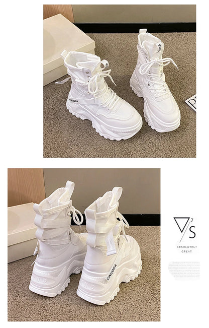 Botines de mujer, zapatos gruesos de cuero de otoño, zapatillas transpirables de plataforma alta para mujer, cuñas de suela gruesa de 8CM, botas de motocicleta