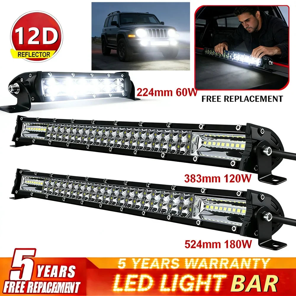 Barra de Luz LED 12D de 60W 120W 180W, Barra LED Super Delgada para Tractor, 4X4, Todoterreno, ATV, Camioneta, Luz de Trabajo LED, Lámpara de Conducción de 12V 24V